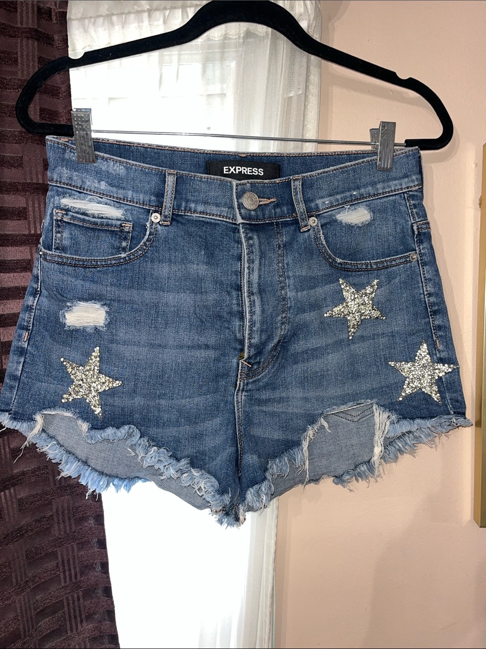 Express High Waisted Denim Shorts Destroyed W/ Rhinestone Star Patches — Size 8